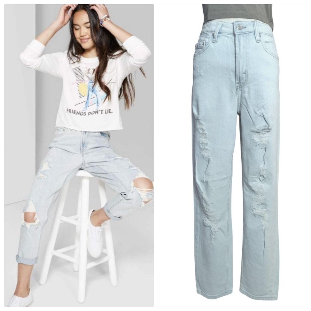 Wild Fable Denim Light Wash Highest Rise Mom Jeans Womens Size 0 Distressed - Picture 2 of 5